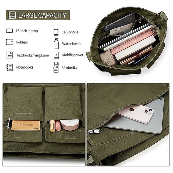 Canvas Tote Bag Messenger Bag, Large Crossbody Bag Army Green - Picture 3 of 9